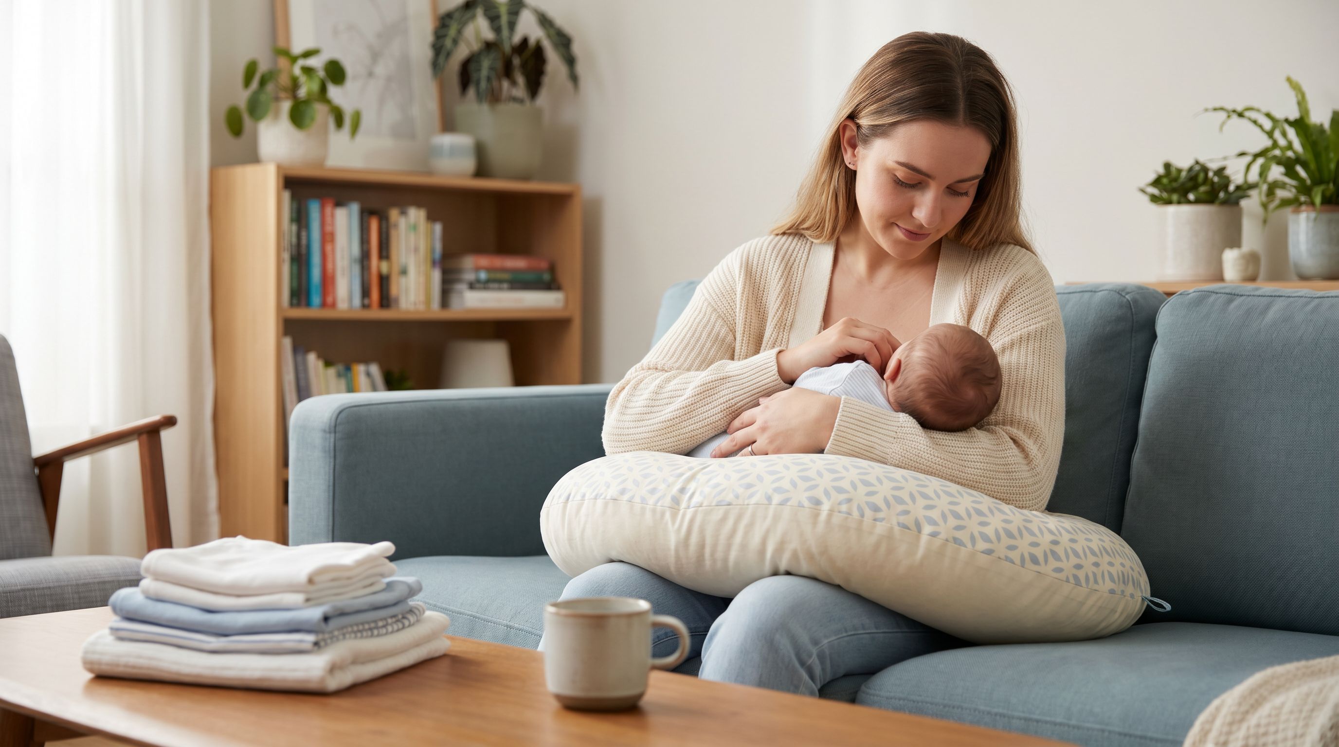 Une mère pose son bras sur un coussin d'allaitement en U, lumière douce de chambre claire